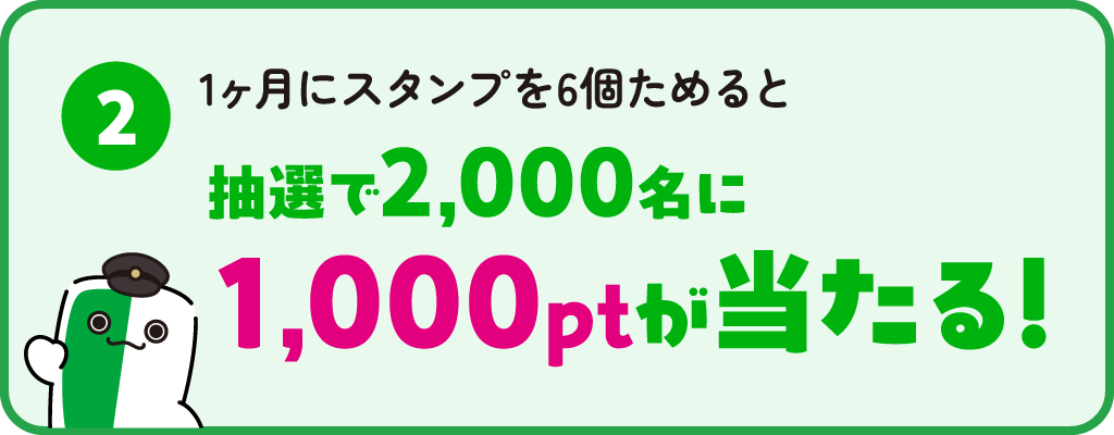 ❷1ヶ月にスタンプを6個ためると抽選で2,000名に1,000ptが当たる!